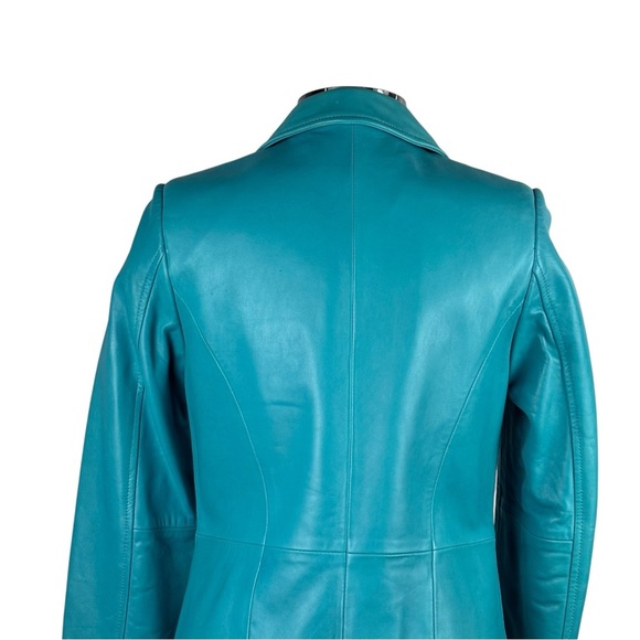 BERNARDO Y2K TEAL OVERSIZE LEATHER BUTTON DOWN BLAZER JACKET CAR COAT - Picture 11 of 16